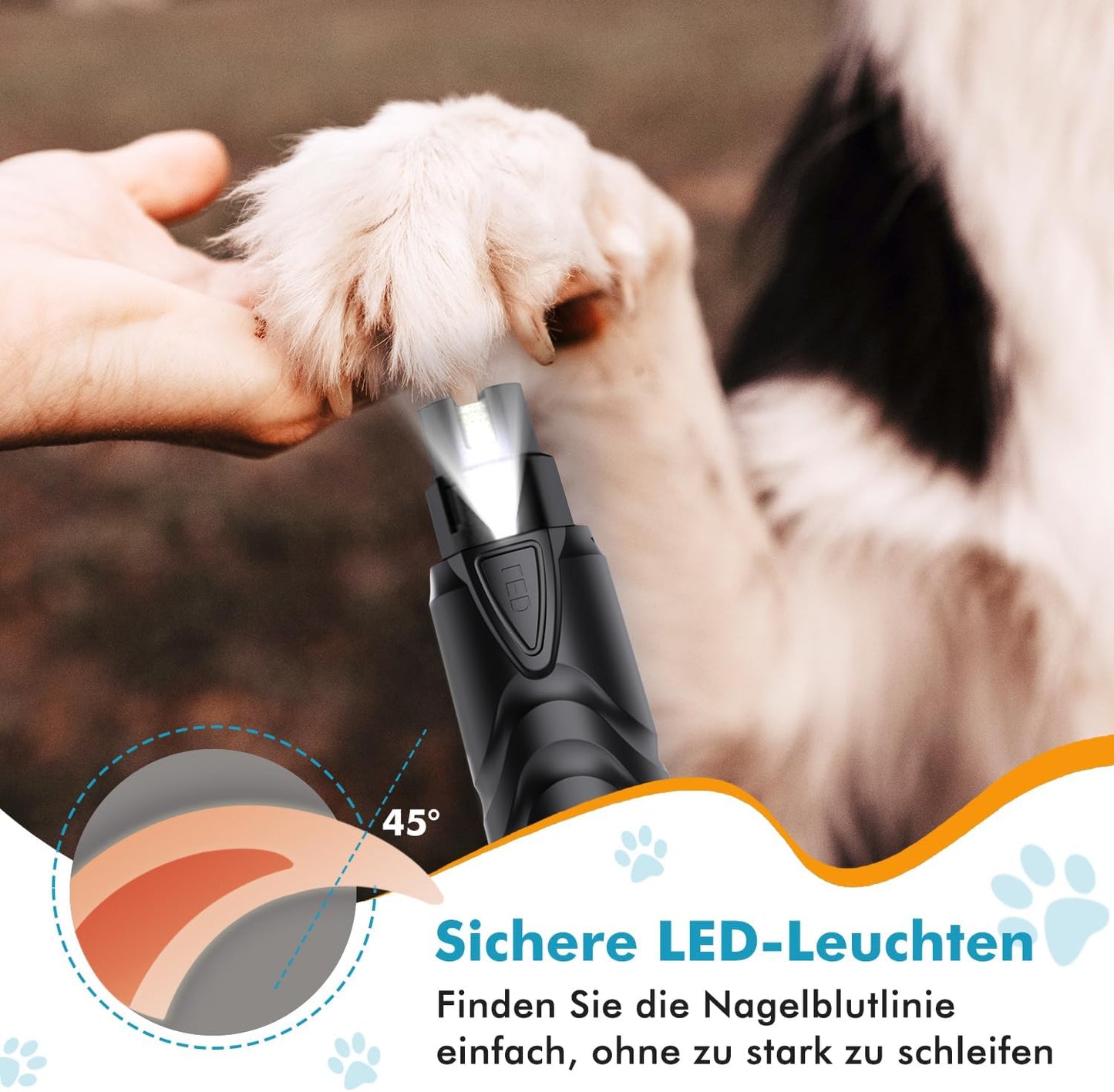 ETENTOUS Krallenschleifer Für Hunde,Neuester Profi Nagelschleifer Mit Licht | Krallenfeile Hund Elektrisch | Dog Nail Grinder Für Große, Mittelgroße, Kleine Hunde, Superleise, 3 Schleifanschlüsse