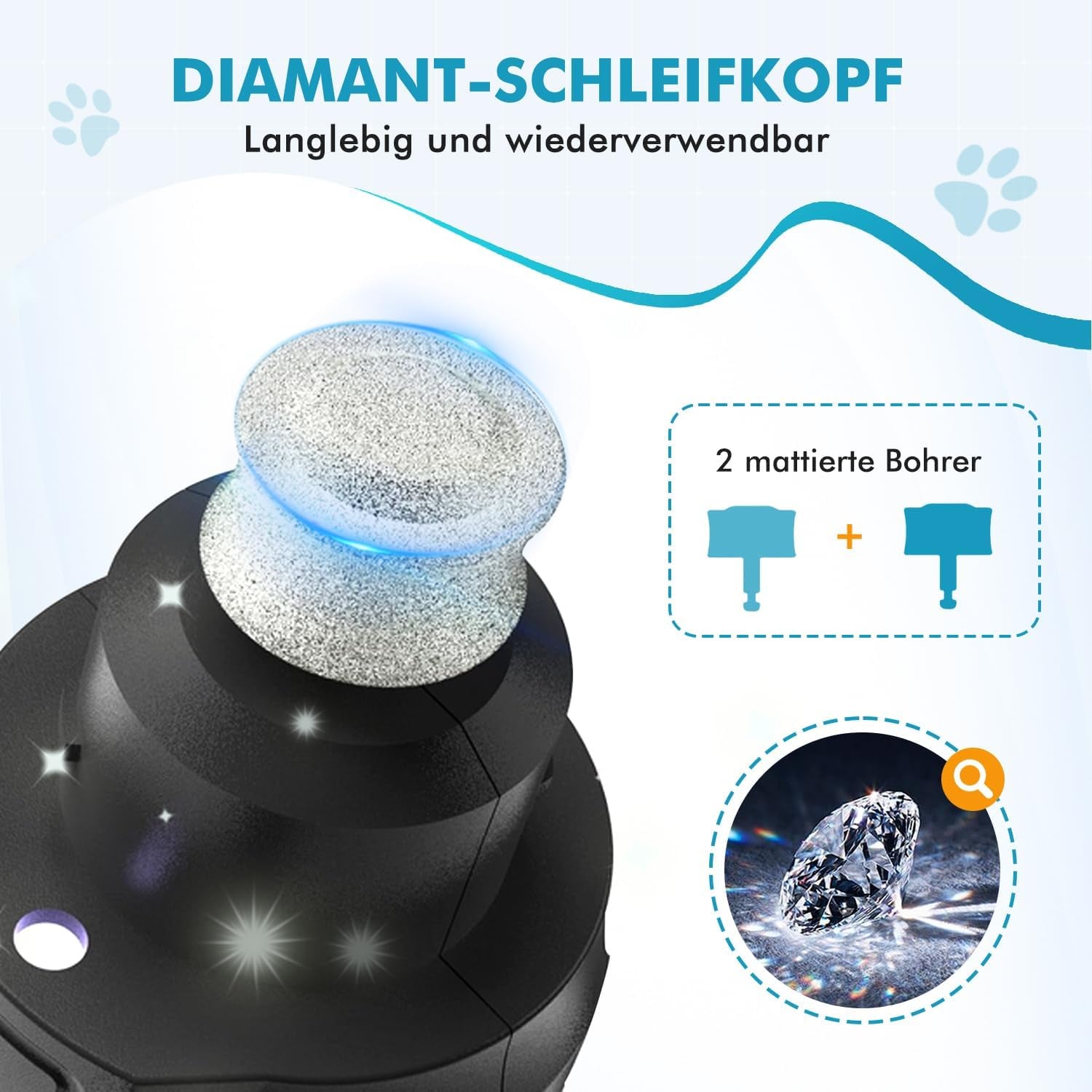 ETENTOUS Krallenschleifer Für Hunde,Neuester Profi Nagelschleifer Mit Licht | Krallenfeile Hund Elektrisch | Dog Nail Grinder Für Große, Mittelgroße, Kleine Hunde, Superleise, 3 Schleifanschlüsse