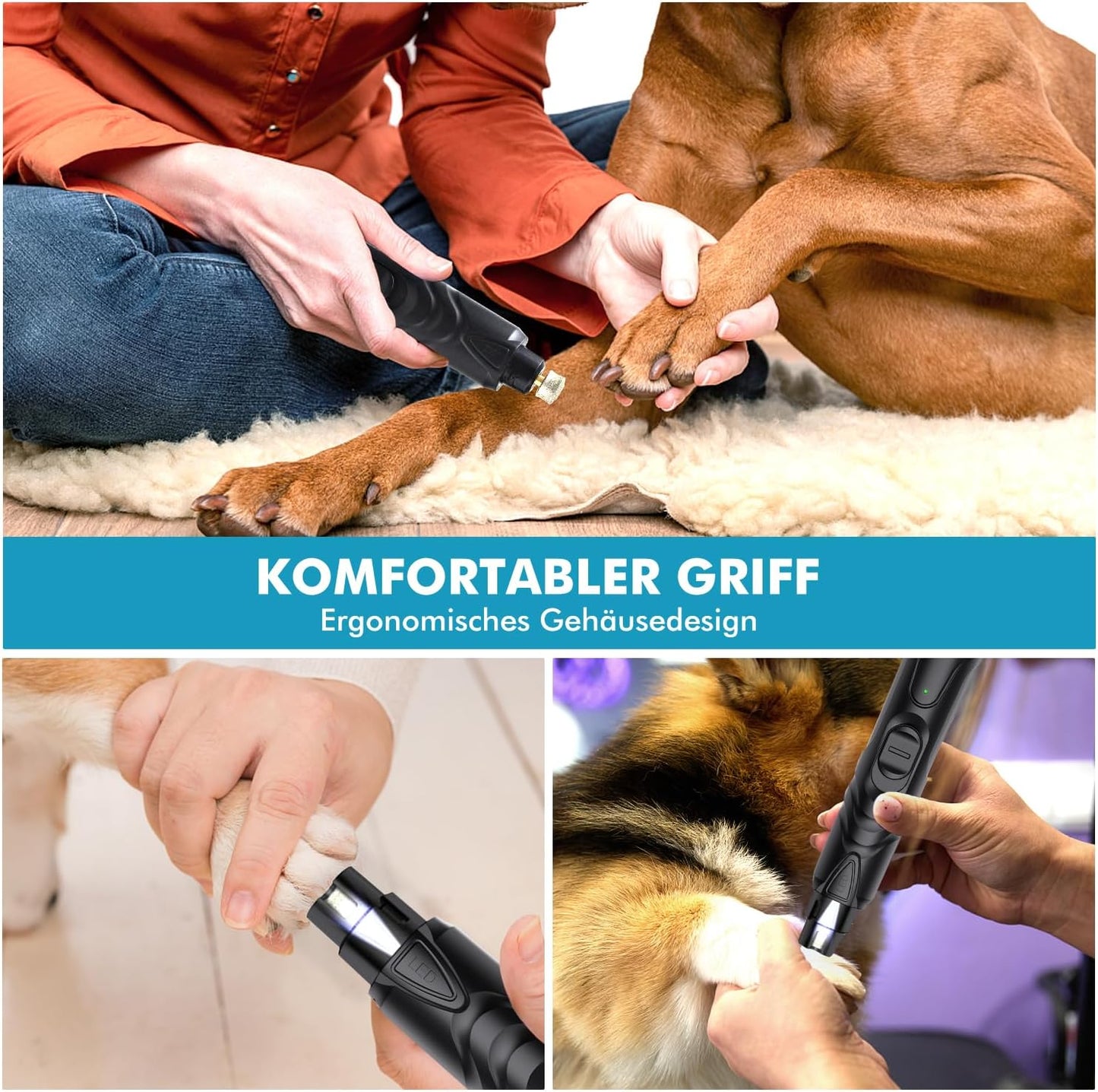 ETENTOUS Krallenschleifer Für Hunde,Neuester Profi Nagelschleifer Mit Licht | Krallenfeile Hund Elektrisch | Dog Nail Grinder Für Große, Mittelgroße, Kleine Hunde, Superleise, 3 Schleifanschlüsse