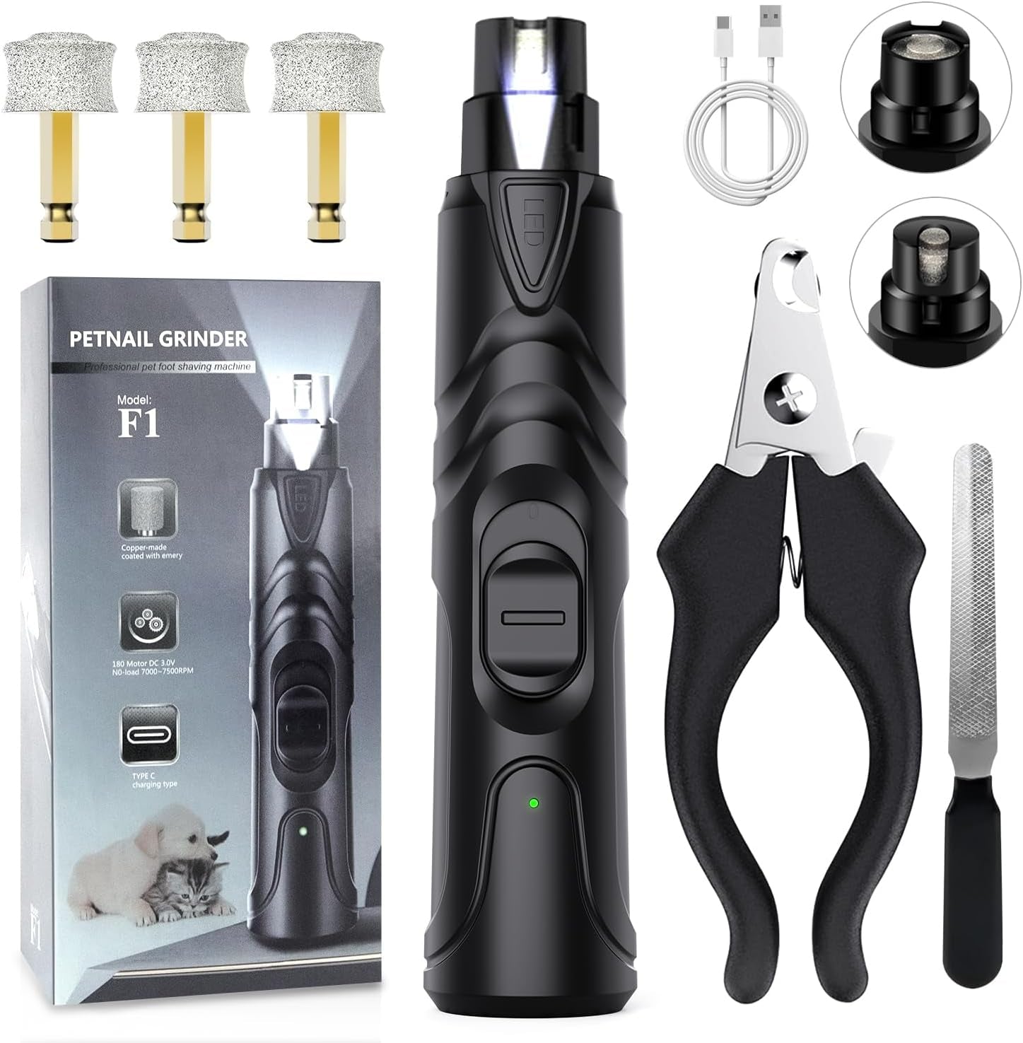ETENTOUS Krallenschleifer Für Hunde,Neuester Profi Nagelschleifer Mit Licht | Krallenfeile Hund Elektrisch | Dog Nail Grinder Für Große, Mittelgroße, Kleine Hunde, Superleise, 3 Schleifanschlüsse