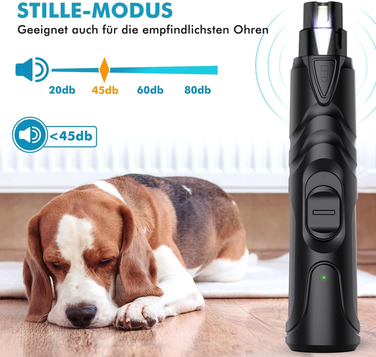 ETENTOUS Krallenschleifer Für Hunde,Neuester Profi Nagelschleifer Mit Licht | Krallenfeile Hund Elektrisch | Dog Nail Grinder Für Große, Mittelgroße, Kleine Hunde, Superleise, 3 Schleifanschlüsse