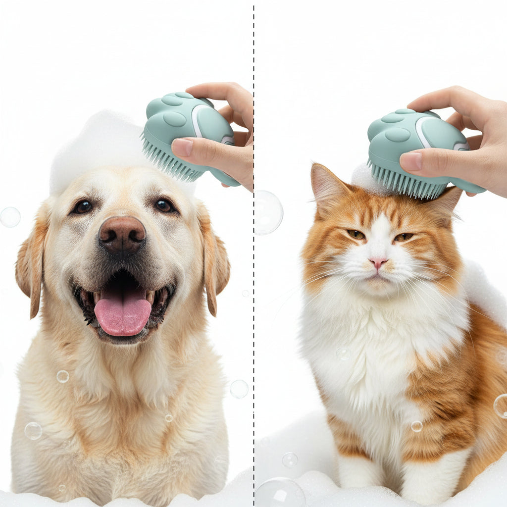 Hund Katze Bad Bürste Kamm, Silikon Puppy Grooming Brush | Soft Pet Reinigung Massage Bürste Shampoo Dispenser Für Beruhigende Massage Waschen (Blau Pfote Form)